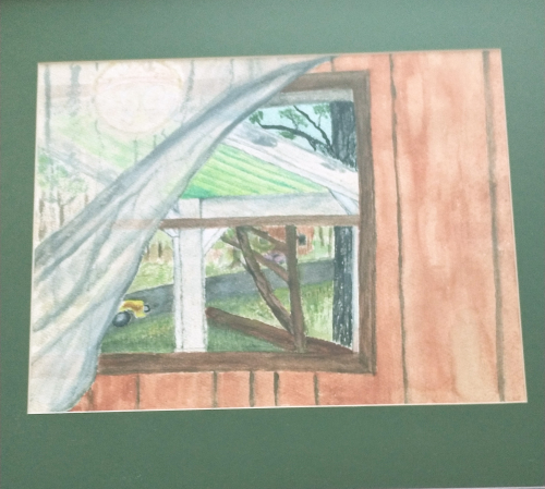 Watercolor of yard scene through a window